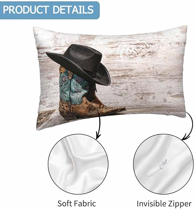 Western Cowboy Embroidered Boots Hat 12 X 20 Throw Pillow Covers Set of 2 American West Rodeo ATOP Fashion Leather Cushion Pillow Cases Outdoor Decorative Home Bed Sofa Couch Office