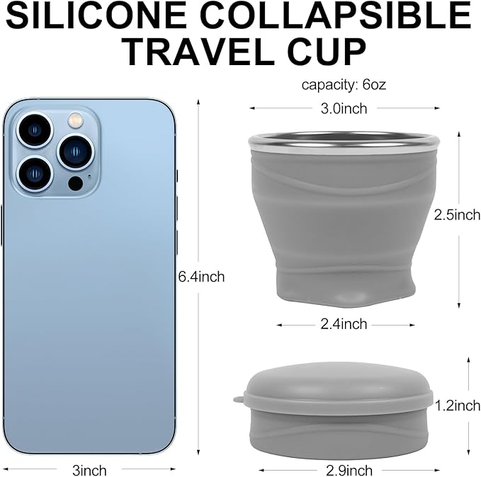 Collapsible Travel Cup with Lid (6oz/180ml) - BPA Free Silicone Folding Cup with Stainless Steel Rim - Portable Pocket Cup for Mouthwash, Pills, Hiking, Camping & Kids(Elegant gray)
