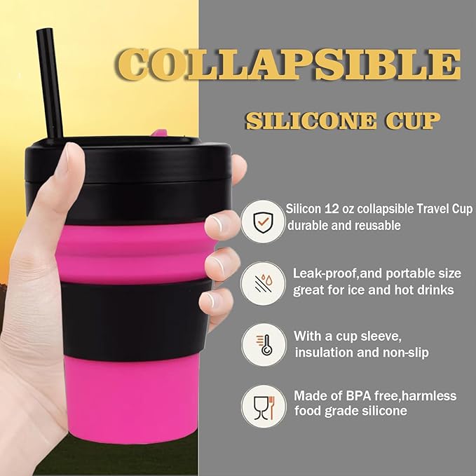 12 Oz Silicone Collapsible Travel Cup,Portable Silicone Water Bottle for Hot and Cold Beverages, Reusable Folding Drinking Cup with Lids 350ml for Camp Hiking Travel with Straw -Black Rose