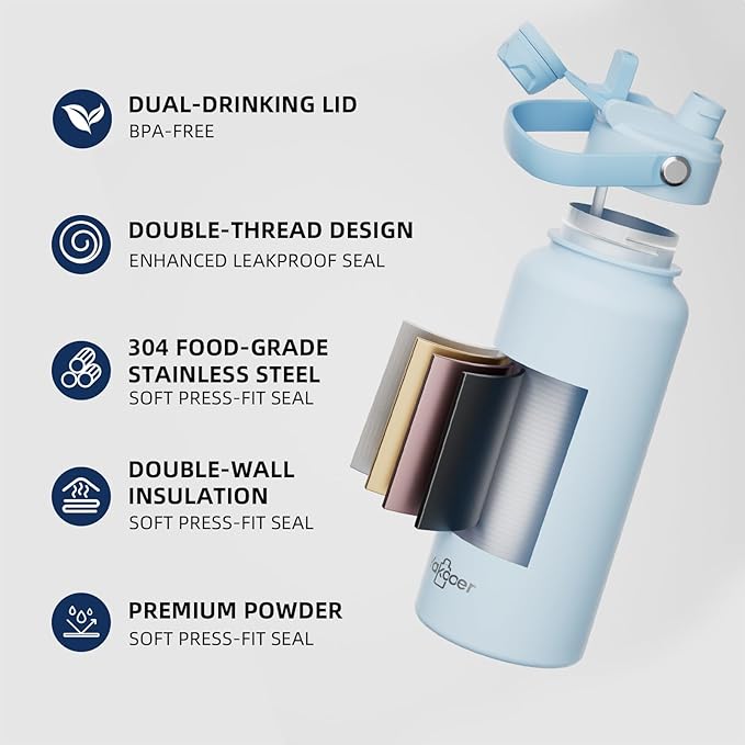 32oz Insulated Water Bottle with 2-in-1 Straw and Spout Lid, 304 Stainless Steel Water Bottle Keep Cold for 24H,Leak-Proof,Sports Water Bottle with Braided Carry Strap for Gym,Travel, Black