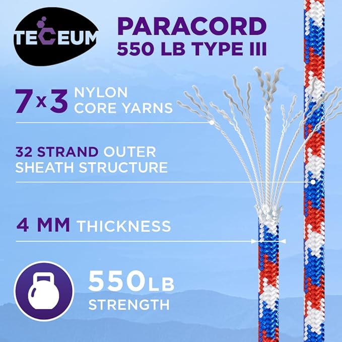 TECEUM Reflective Paracord Rope 1000 – 1000ft/200ft/100ft/50ft – 40+ Colors – Glow in The Dark – para Cord – Utility Rope for Survival, Hunting & Camping Gear – Nylon String, Camping Rope, Tent Cord