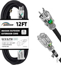 Indoor Outdoor Extension Cord Weatherproof with Lighted End, UL Certified, 12 Gauge 12FT Black 3 Prong Heavy Duty, 12/3 SJTW 15A Power Cord for Outdoor Lights, Lawn