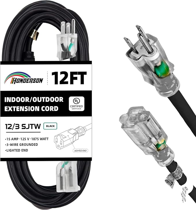 Indoor Outdoor Extension Cord Weatherproof with Lighted End, UL Certified, 12 Gauge 12FT Black 3 Prong Heavy Duty, 12/3 SJTW 15A Power Cord for Outdoor Lights, Lawn