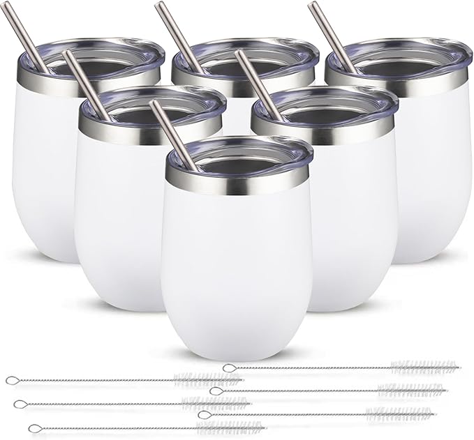 12oz/6 Pack Wine Tumbler Glasses with Lid Stemless Double Wall Vacuum Stainless Steel Travel Tumbler Keeping Cold & Hot for Wine,Coffee,Cocktails,Christmas Drinks-Family and Gifts (White)