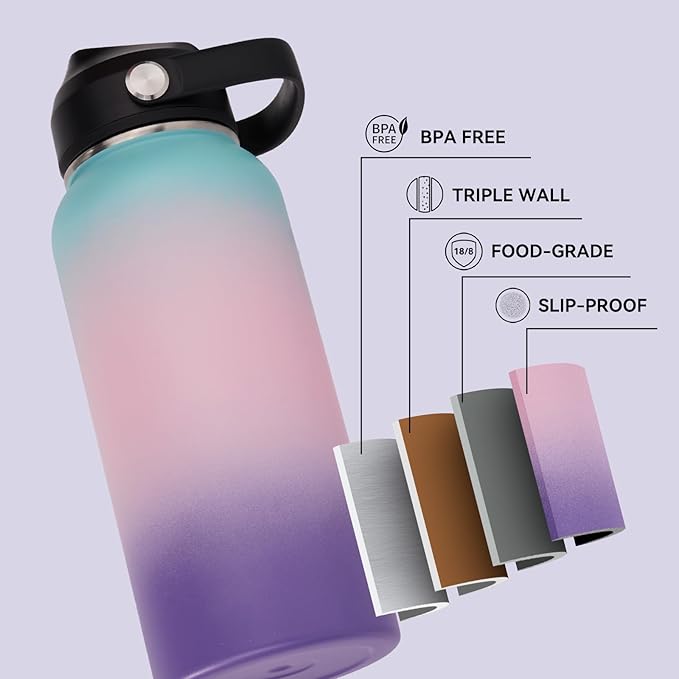 Fijinhom 32oz Insulated Stainless Steel Water Bottle, Wide Mouth Double Wall Vacuum, Silicone Straw, Sweat & Leak Proof, BPA Free Insulated Water Flask for Travel, Keep Cold 24h Hot 12h, Pink