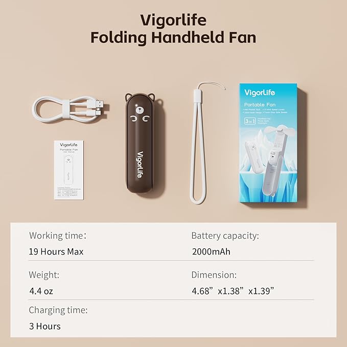 Mini Handheld Fan,USB Rechargeable 3 IN 1 Personal Cooler Fans with Power Bank,LED Flashlight,Small Foldable Portable Pocket Fan-Travel & Emergency Essentials for Outdoor Brown