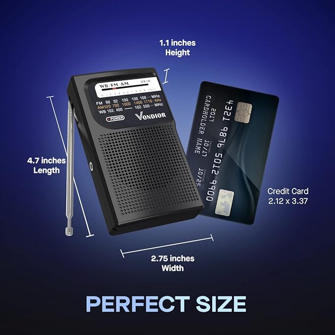 Vondior Portable NOAA Weather Radio, Battery Operated Emergency NOAA/AM/FM Radio with Best Reception, Pocket Weather Alert Radio with Headphone Jack, Gifts for Lover, Parents and Friends (Black)