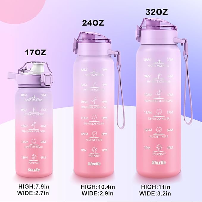 SLUXKE Stainless Steel Insulated Water Bottle 32oz with Handle, 1L Double Wall Insulated Bottle with Time Marker BPA Free, 1000ml Metal Water Flask for Outdoor Working School PURPLE PINK