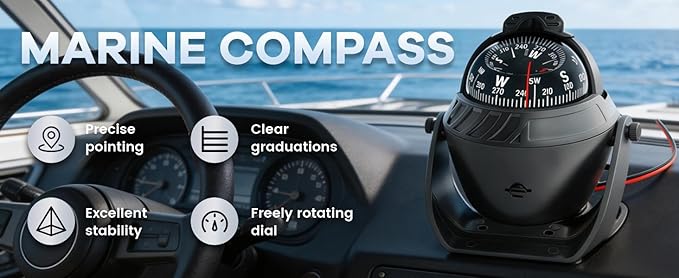 Boat Compass with Magnetic Declination Adjustment, Pivoting Marine Compass Multifunction Digital Navigation Dashboard LED Illumination & Backlight for Marine Boat Truck Car