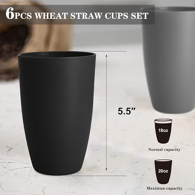 Homienly Premium Wheat Straw Cups, 20oz Lightweight and Unbreakable Drinking Cups Set of 6, Reusable Water Glasses Microwave and Dishwasher Safe Cup Set for Coffee, Milk, Juice - GreyStone