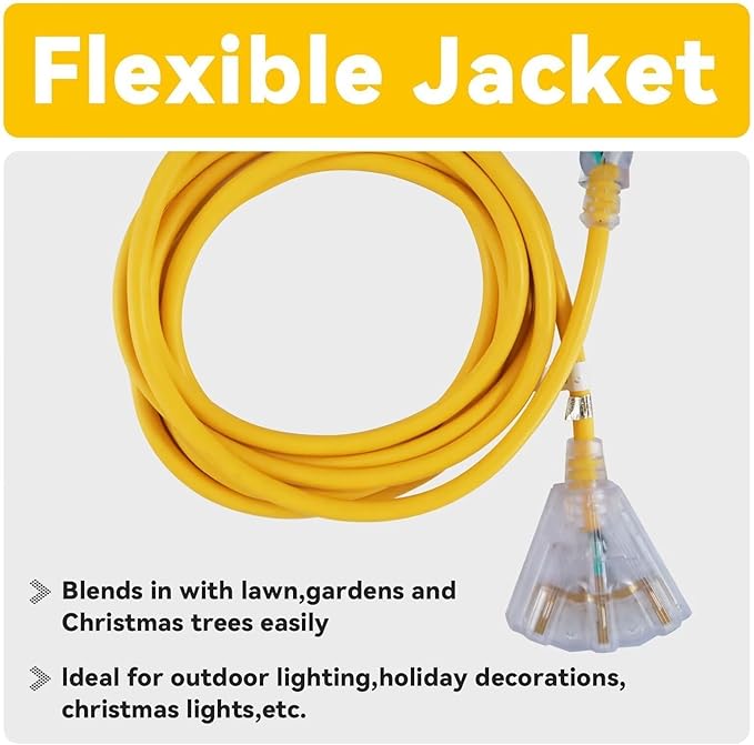 EP 6 Ft 12 Gauge Heavy Duty Extension Cord, 15A 125V 1875W, 3 Outlet Indoor/Outdoor Power Cord with Lighted End, 12/3 SJTW Weatherproof Yellow, UL Listed