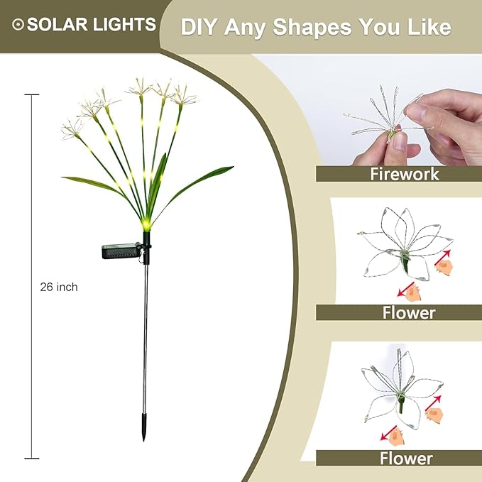 Solar Garden Lights Outdoor: Waterproof 6-Pack DIY Decorative Firework Lights with 2 Modes for Yard Patio Pathway Outside Fairy Decor - Mothers Day Gifts for Women Mom, Warm White