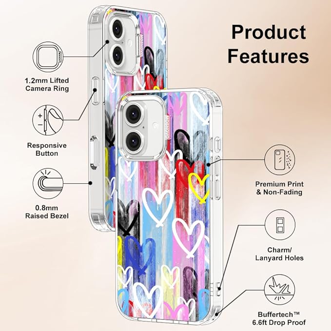 MOSNOVO for iPhone 16 Case, Shockproof Military-Grade Protection 6.6ft Drop Tested, Clear Phone Case for iPhone 16, Graffiti Hearts Design