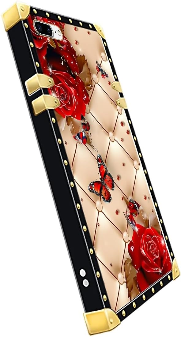 Compatible with iPhone 8 Plus 7 Plus Case, Shining Red Rose Butterfly Leather Background Luxury Golden Decoration for Girl Women Soft TPU Shockproof Protective Hard PC Back