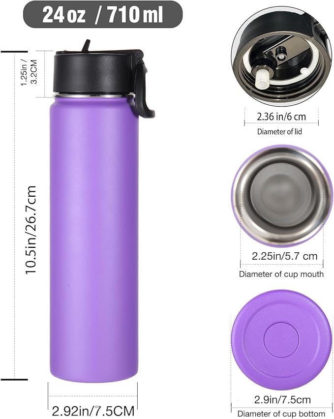 Volhoply 24oz Insulated Water Bottle with Straw Bulk 8 Pack,Metal Wide Mouth Water Bottles with Handle Lid Keep Cold,Reusable Double Wall Cups,Powder Coated Sport Bottle For Holder(Purple,8 Count)