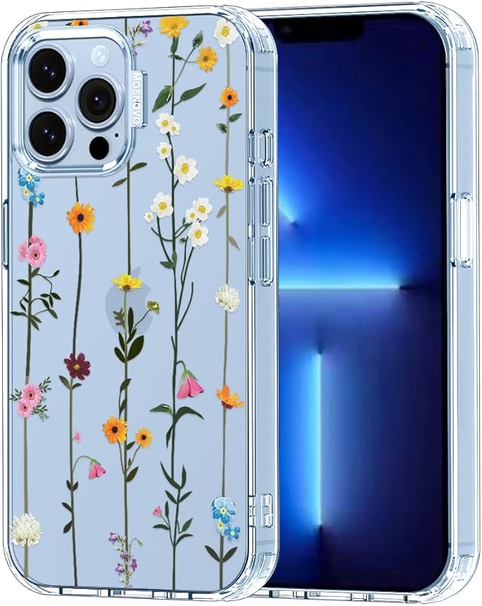 MOSNOVO Case for iPhone 13 Pro Max, [Buffertech 6.6ft Military-Grade Drop Protection] [Anti Peel Off Tech] Clear TPU Bumper Phone Case Cover Design - Wildflowers