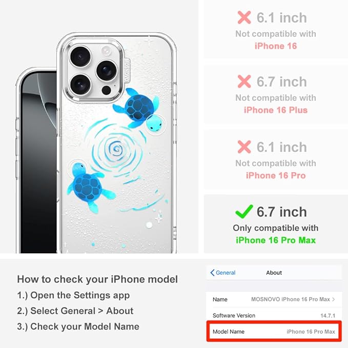 MOSNOVO Case for iPhone 16 Pro Max, [Buffertech 6.6ft Military-Grade Drop Protection] [Anti Peel Off Tech] Clear TPU Bumper Phone Case Cover Design - Space Turtle