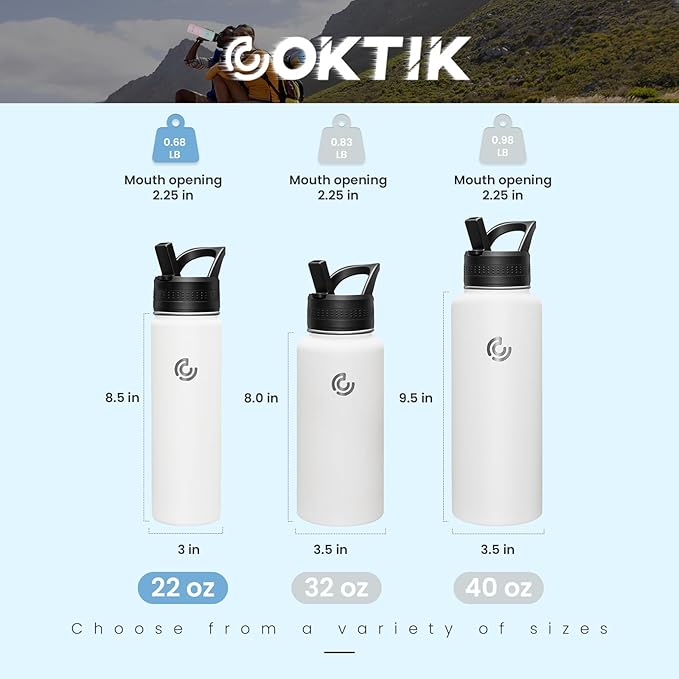 COKTIK 22oz Sports Water Bottle, Stainless Steel Water Bottle for Insulated, Reusable Travel Bottle, With Straw, With Handle Grip for Easy Carrying, Suitable for Cycling, Outdoor Vacations(White)