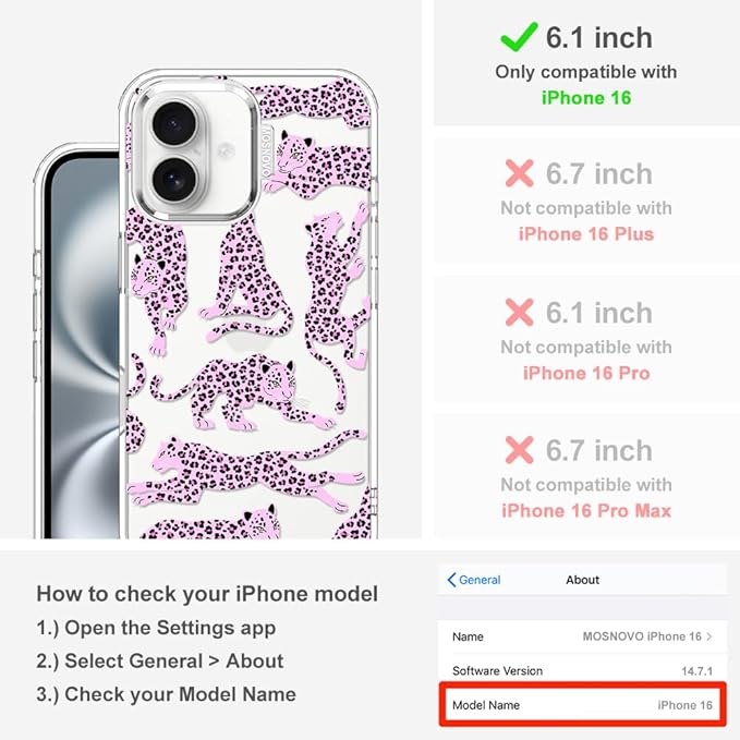 MOSNOVO Case for iPhone 16, [Buffertech 6.6ft Military-Grade Drop Protection] [Anti Peel Off Tech] Clear TPU Bumper Phone Case Cover Design - Pink Leopard