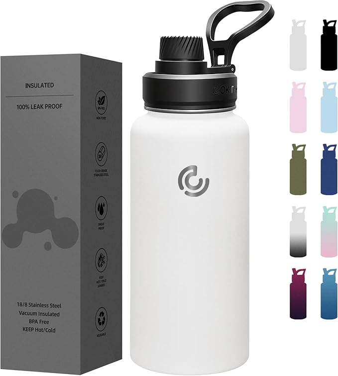 Sports Water Bottle 32oz, Insulated Water Bottle with Handle,Stainless Steel,Simple Modern,Suitable for Travel, School, Boy, Girl(White)