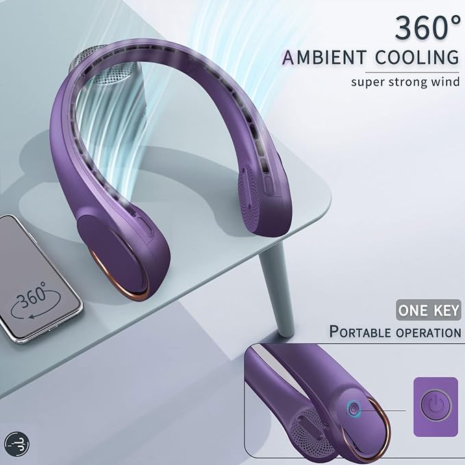 ASNUG Portable Neck Fan, Neck Fans for Men, 4000 mAh Rechargeable Personal Fan,360° Hands Free Bladeless Fan, 3 Speeds Adjustable, Faster Cooling, Super Quiet, Suitable for Home, Office, Sports