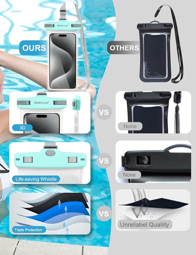 wellhouse Waterproof Phone Pouch, Waterproof Phone Case for iPhone 17 16 15 14 13 Pro Max XS Samsung, IPX8 3D Cellphone Dry Bag Beach Essentials (2 Pack - Black & Green7.0， 7 inch)