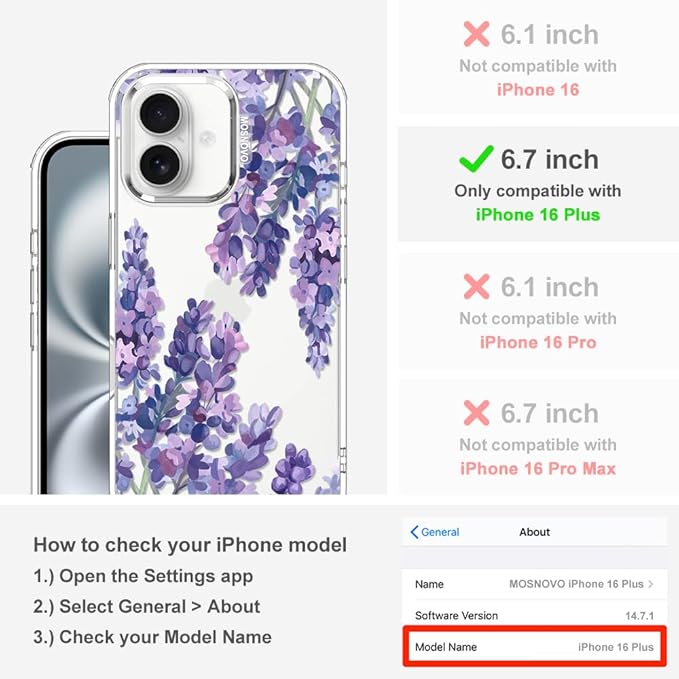 MOSNOVO Case for iPhone 16 Plus, [Buffertech 6.6ft Military-Grade Drop Protection] [Anti Peel Off Tech] Clear TPU Bumper Phone Case Cover Design - Lavender