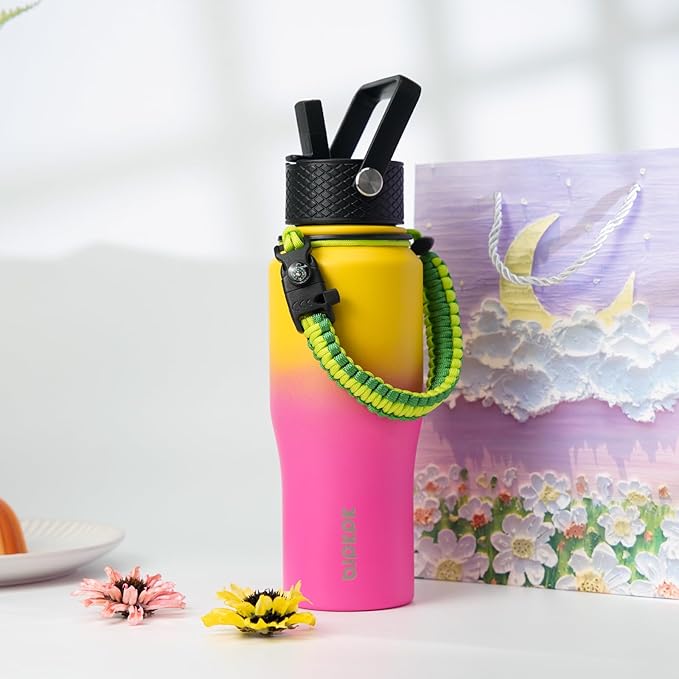 BJPKPK Insulated Water Bottles with Straw Lid, 35oz Metal Water Bottle with 2 lids & Paracord Strap, Double Wall Stainless Steel Tumbler with Handle, Reusable Cups, Mugs, Thermo, Pink & Yellow Rose