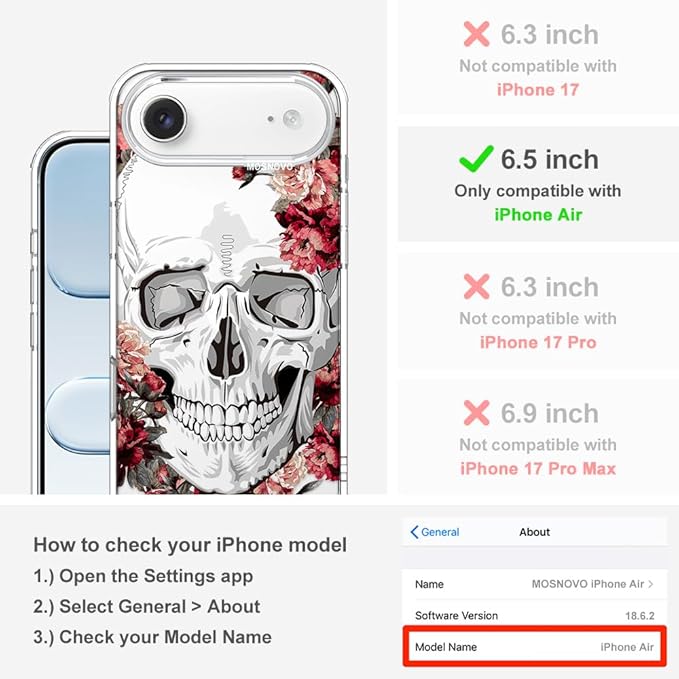 MOSNOVO for iPhone Air Case | Military Grade 6.6ft Drop Tested | Camera Control | Clear with Red Flower Skull Design