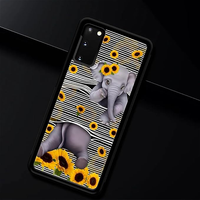 for Samsung Galaxy S20 Case, Cute Little Elephant Sunflower White Line Art Pattern Graphic Design Girl Boy Soft Silicone Hard Acrylic Shock Protection for Samsung Galaxy S20