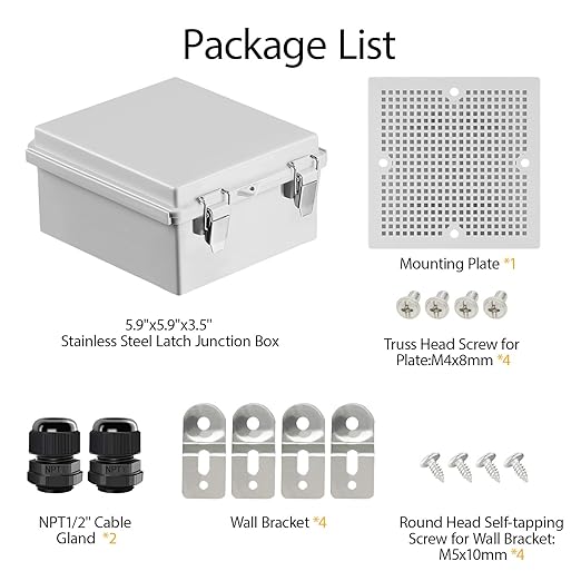 LeMotech Electrical Box, IP67 Waterproof Hinged Cover Stainless Steel Latch Junction Box, ABS Plastic Electrical Enclosure with Mounting Plate,Wall Brackets, Cable Glands,5.9"x5.9"x3.5",Grey