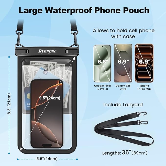 Rynapac [Up to 10" Large Waterproof Phone Pouch - 2 Pack IPX8 Waterproof Phone Case for iPhone 17 16 15 Pro Max Galaxy S26 Ultra, Touchscreen & Underwater Photography, Beach Cruise Travel Essentials