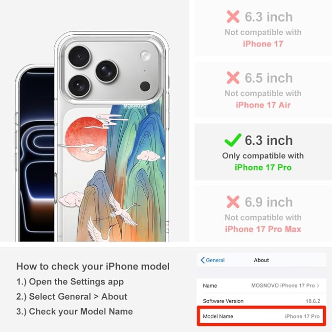 MOSNOVO for iPhone 17 Pro Case, Shockproof Military-Grade Protection 6.6ft Drop Tested, Camera Control, Clear Phone Case for iPhone 17 Pro, Celestial Cranes Design