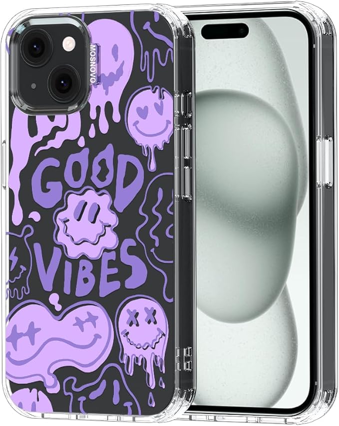 MOSNOVO Case for iPhone 15, [Buffertech 6.6ft Military-Grade Drop Protection] [Anti Peel Off Tech] Clear TPU Bumper Phone Case Cover Design - Good Vibes