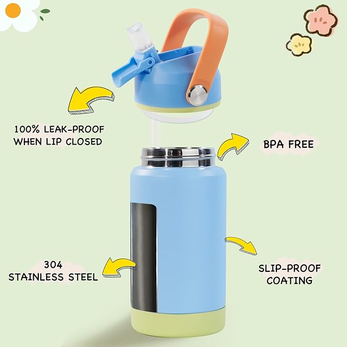 Kerilyn 12oz Kids Water Bottle 2 Pack, Stainless Steel Insulated Water Bottle Bulk, Toddler Cups with Straws Leak-Proof, Kids Water Bottles for School Boys Girls, BPA Free, Cream + Sky 2 Piece Set