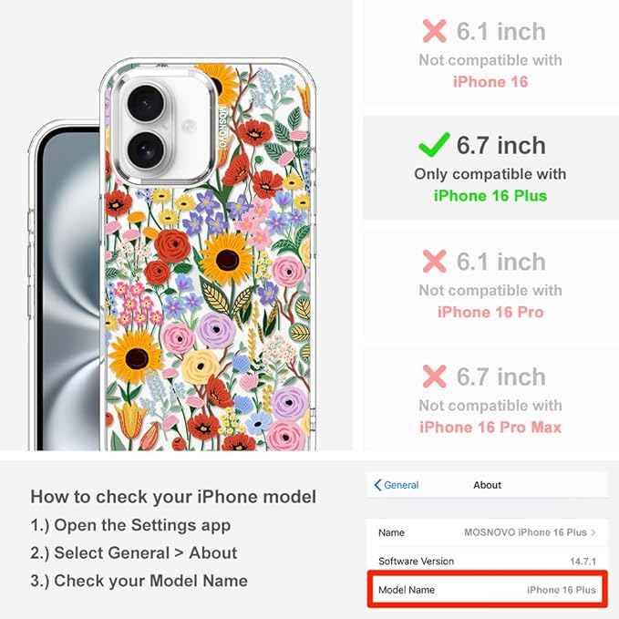 MOSNOVO Case for iPhone 16 Plus, [Buffertech 6.6ft Military-Grade Drop Protection] [Anti Peel Off Tech] Clear TPU Bumper Phone Case Cover Design - Blossom & Bloom