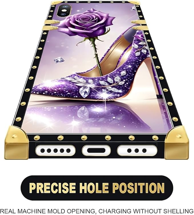Compatible with iPhone Xs Max Case, High Heeled Purple Diamond Rose Luxury Golden Decoration for Girl Women Soft TPU Shockproof Protective Hard PC Back for iPhone Xs Max