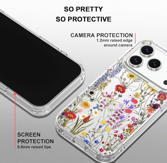 MOSNOVO for iPhone 17 Pro Case | Military Grade 6.6ft Drop Tested | Camera Control | Clear with Wildflower Meadow Design
