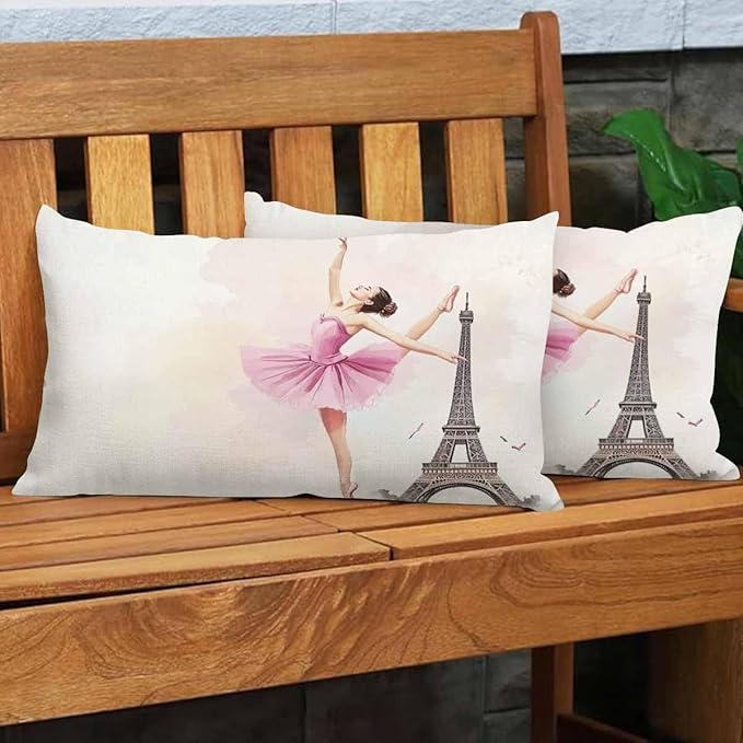 EKOBLA Eiffel Tower Rectangle Pillow Covers Paris Beautiful Ballerina Girl Dancer Posing Waist Rectangle Throw Pillow Case Cotton Linen for Men Women Sofa Home Decoration 12x20 Inches