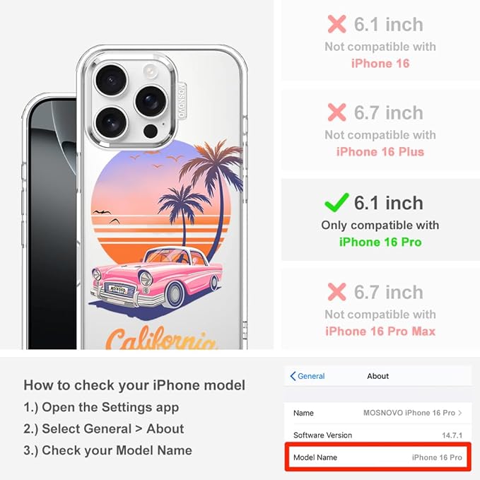 MOSNOVO for iPhone 16 Pro Case, Shockproof Military-Grade Protection 6.6ft Drop Tested, Clear Phone Case for iPhone 16 Pro, Cali Cruise Design