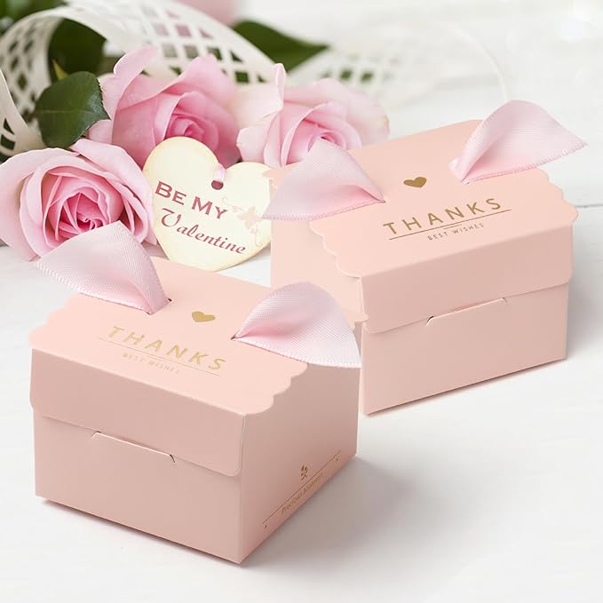 CHolic 50Pcs Party Favor Candy Box, Thank You Pink Gift Candy Box with Ribbons for Birthday Party, Bridal Shower, Wedding Decorations, Candy Table Decorations