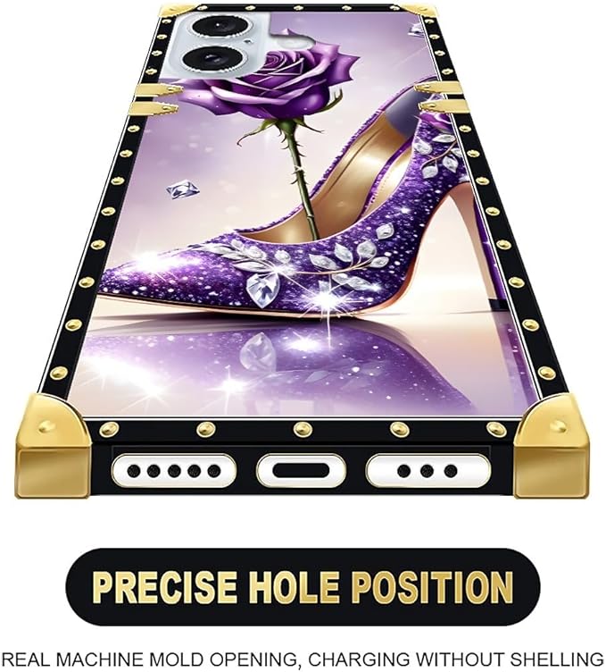 Compatible with iPhone 16 Case, High Heeled Purple Diamond Rose Luxury Golden Decoration for Girl Women Soft TPU Shockproof Protective Hard PC Back for iPhone 16