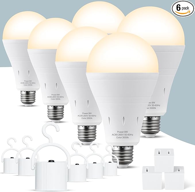 6Pack Rechargeable Emergency Light Bulb, A19 9W Warm White 3000K Self-Charging LED Light Bulb,1200mAh Battery Backup Light Bulbs for Daily,Home Emergency,Outdoor Portable Use