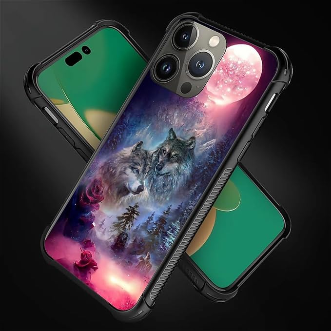 for iPhone 11 Pro Case, Star Two Wolfs Howling Pattern Graphic Design Girl Boy Soft Silicone Hard Acrylic Shock Protection for iPhone 11 Pro