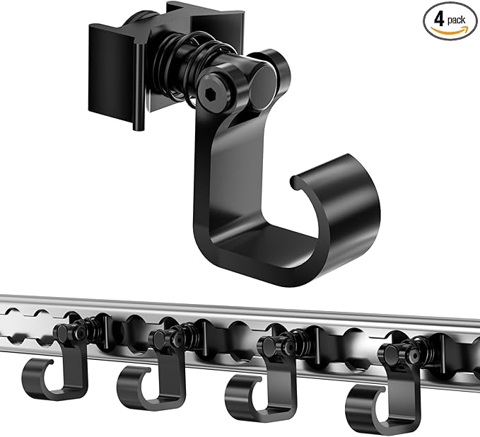 4 Pack L Track Hooks with Single Stud Fitting, Spring-Loaded Adjustable Gear Hook, Aluminum L Track Accessories for Trailer, Truck, Garage, Tie Down System, 100LBS Max Load Capacity – Black