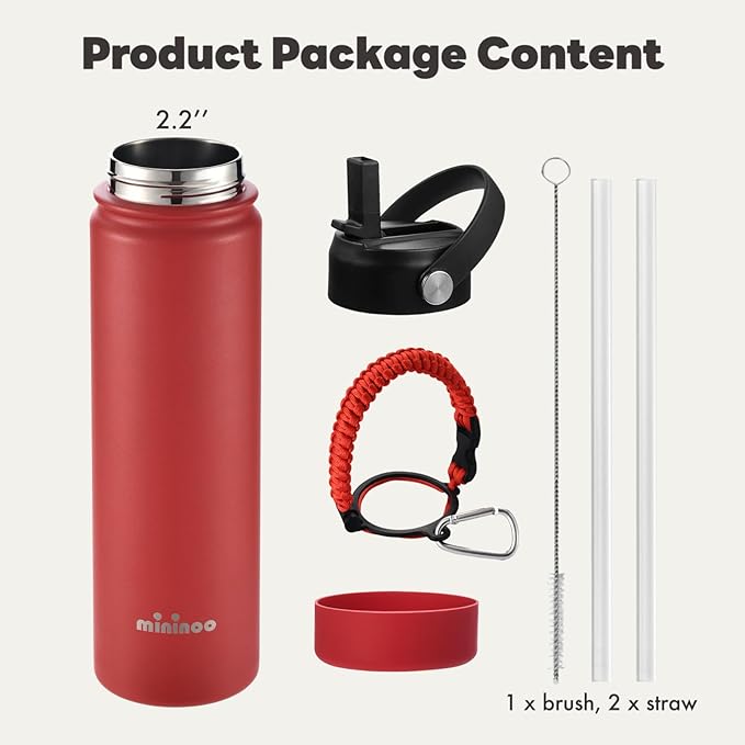 mininoo Insulated Stainless Steel Water Bottle with Straw and Lid for Sports, 24 oz, Red