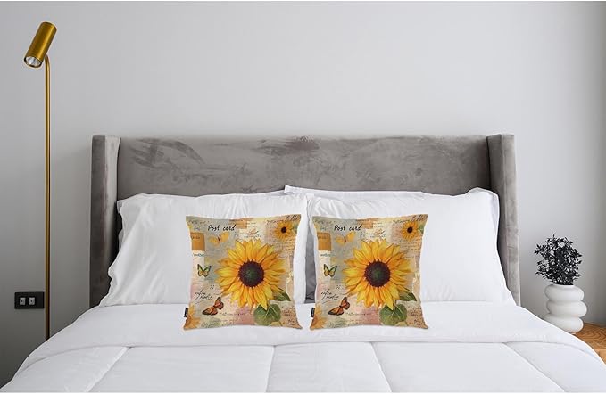 Swono Sunflower Set of 2 Decorative Throw Pillow Covers Cushion Case, Vintage Sunflowers Butterflies Farmhouse Pillowcase Cozy Pillow Cover for Couch Sofa Bed Garden Chair Car 18 X 18 Inch