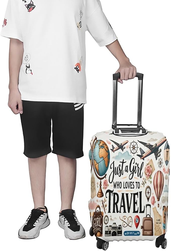 Travel Girl Adventure Globe Airplane Suitcase Camera Map Stretch Luggage Cover, Washable Suitcase Protector Fits 30-32in Cases, Secure Fit for Carry On Checked Bags, Travel Essentials