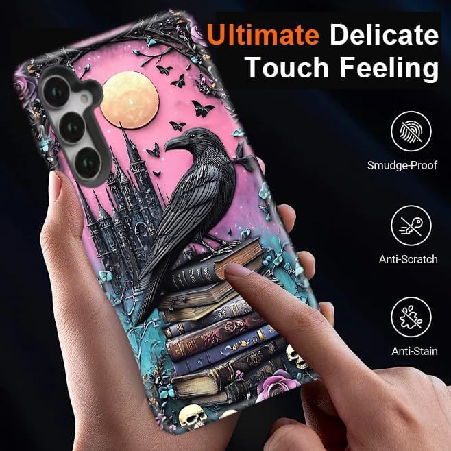 Compatible for Samsung Galaxy S25 Plus 5G Case, Dual Layer Heavy Duty 2 in 1 Shockproof Protective Phone Case,Black Raven Bird Rose Book Skulls