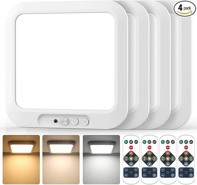 Rechargeable Motion Sensor Closet Light with Remote, Wireless Battery Operated Ceiling Light Magnetic Mount, Rechargeable LED Shower Light No Wiring for Indoor, Shower, Stairs, Shed, Hallway, 4 Pack